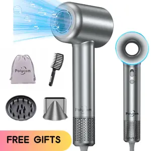 Polycom Hair Dryer, High Speed Fast Drying, 150000 RPM Brushless Motor, Lightweight, Thermo-Control, Nozzle for Home & Travel