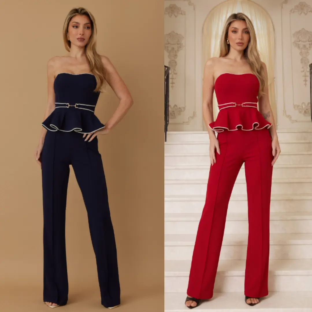 Ruffled Up Strapless Jumpsuit with Ruffle Flare Flap Top Trim Belt Chain on Waist Solid Flare Pants Elegant and Classy Zipper on the Back