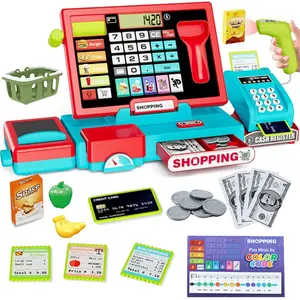Educational Cash Register Set, Complete Toy Store Costume, Includes Calculator, Scanner Guns, Play Money, Food, Role-Playing for Kids