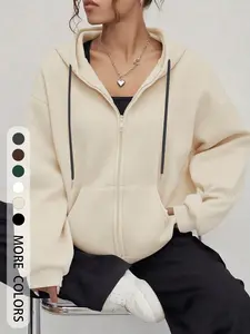 Women's Solid Color Drawstring Zipper Cardigan Hoodie, Pocket Design, Casual Everyday Loose-Fitting Basic Long Sleeve Sweatshirt for Fall & Winter, Tops