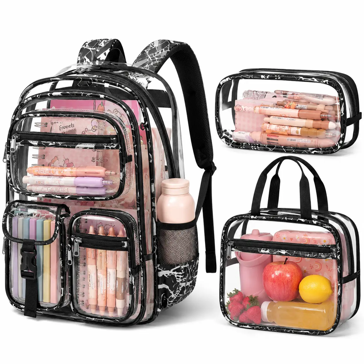 Fimibuke Clear Backpack with Lunch Box & Pencil Case 3PCS Heavy Duty Transparent PVC Schoolbag Large Waterproof Bookbag for Travel School Concert Stadium Events Backpacks,back to school,back to school shopping,travel essentials