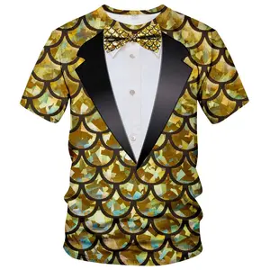 Unisex Golden Mermaid Scale Tuxedo Bow Tie T-Shirt, Festive Party & Celebration Attire for Adults, Stylish Faux Tuxedo with Iridescent Scale Pattern