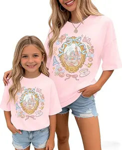 Famous fairy tale princess magic kingdom castle pattern classic princess movie T-shirt, princess style loose T-shirt, princess cartoon movie castle print top, princess cartoon movie, mother and daughter travel short-sleeved top, famous fairy tale princess