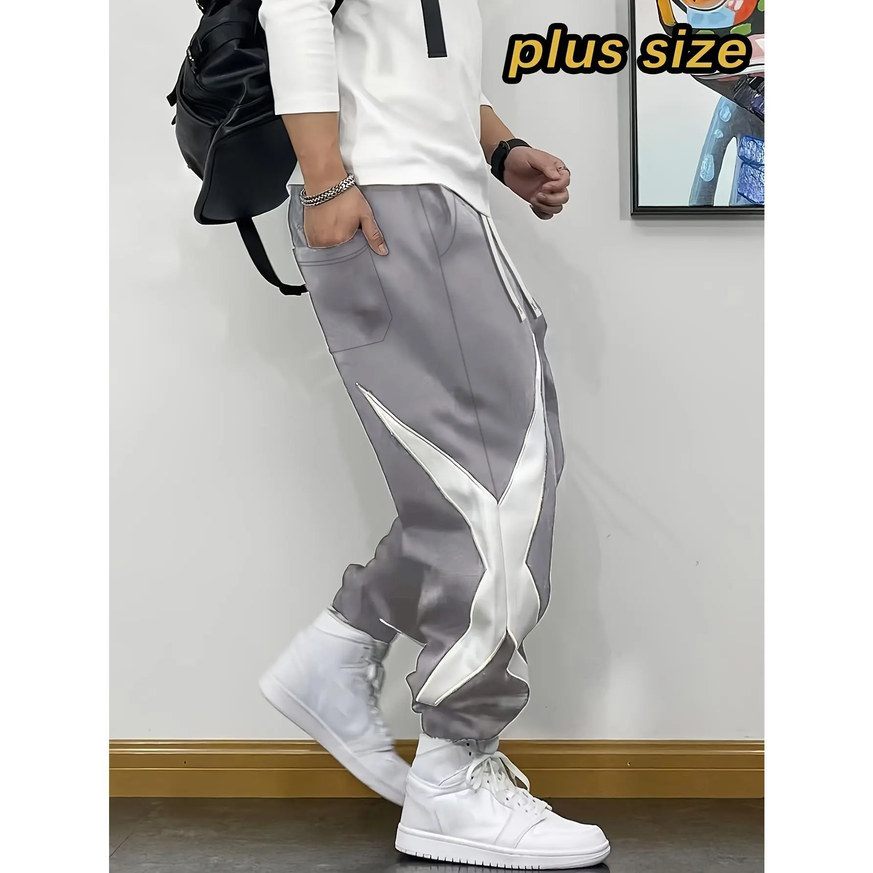 Men's Big & Tall Plus Size Color-Block Star Graphic Baggy Drawstring Jogging Pants - Stylish Soft Loose Workout Jogger, Casual Sports Athletic Joggers Pants for Streetwear, Sporty Chic Daily Wear, Baggy Jogging Pants