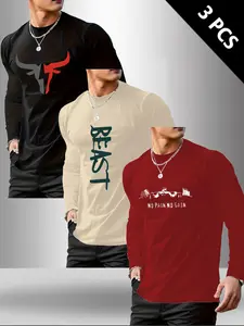 Men's Classic 3-Piece Set Letter Cow Print Long Sleeve T-Shirts, Casual Comfortable Fitted Tops for All Seasons, Versatile Base Layer Clothing