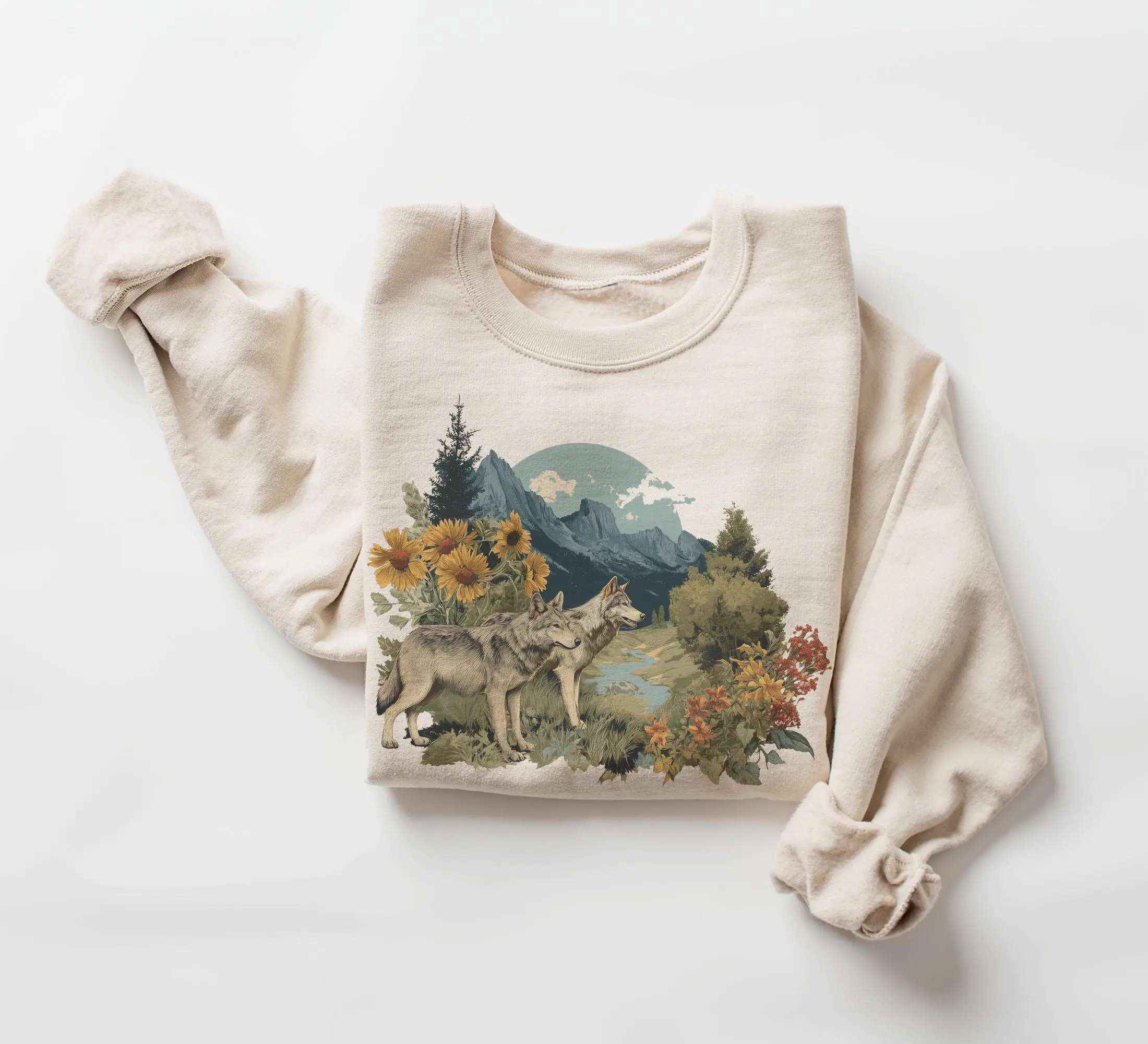 Retro Wolves Summer Scene Sweatshirt - 90s Wolf Mountain Wildflowers Nature Outfit - Wildlife Watcher Gift - Unisex Crewneck Sweatshirt