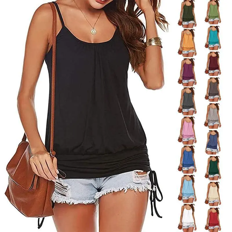 Imily Bela Women Summer Tank Tops Casual Spaghetti Strap Banded Bottom Loose Camisole Side Shirring Lace Up Shirts