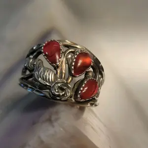 Sterling Silver Red Coral Navajo Ring Size 8