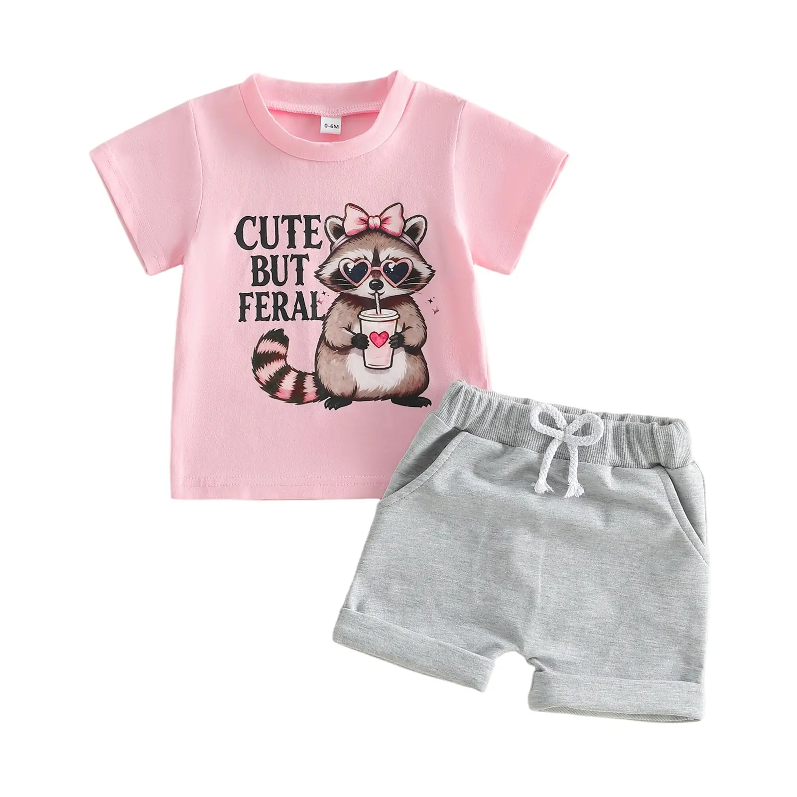 Baby Girls Clothing 2-Piece Cotton Blend Summer Outfit - Cute Feral Raccoon Print Short-Sleeve T-Shirt with Letter Detail, Casual Shorts, Baby Gift Set