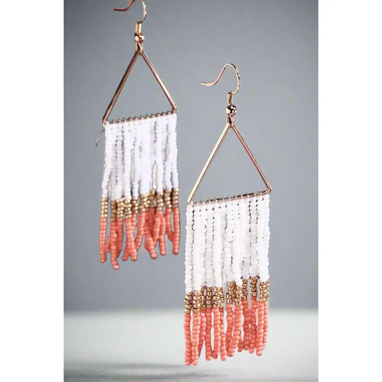 Coral and Gold Beaded Triangle Fringe Earrings
