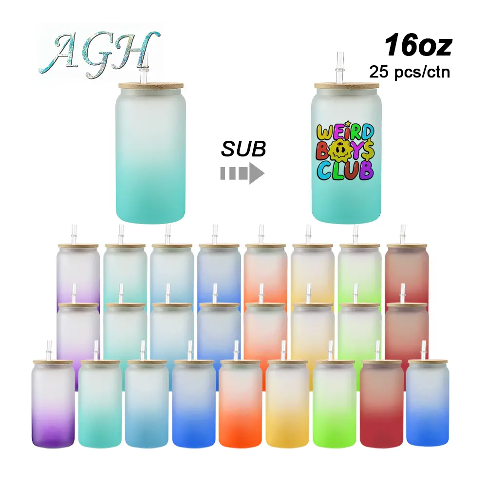 USA 25pcs 16oz Ombre Frosted Glass Cans Glass Tumblers with Bamboo Colored Lid and Straw Sublimation Blank Wholesale Blanks for Cold Coffee Juice Tea Soda