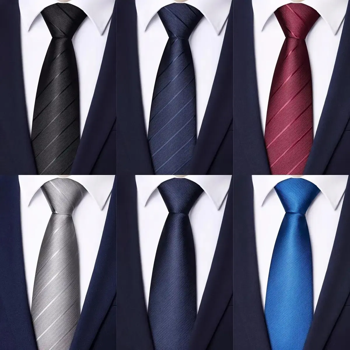 6-Pack Men's Solid Color Polyester Zipper Striped Tie Set, Classic Retro Business Versatile Tie Suitable for Work, Interviews, Banquets, etc., Black, Gray, Navy Blue, Dark Red Ties are Ideal Gifts for Male Friends