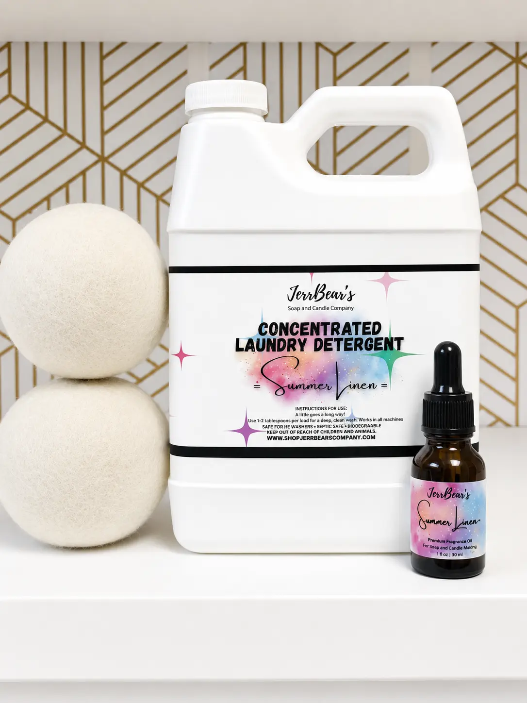 JERRBEAR'S Laundry Luxe Bundle: Concentrated Laundry Wash, Reusable Wool Balls & Fragrance Oil Kit | Pink Sugar Cashmere Scent, Wool Balls Reuse