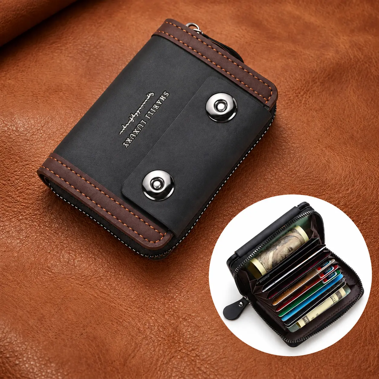 Large-Capacity Zip-Around Card Holder Wallet – Compact Accordion Wallet with Dual Snap Closure, Multiple Card Slots and Cash Compartments