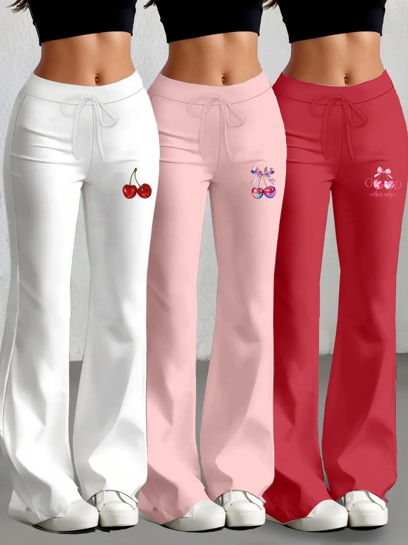 Women's Casual Drawstring Pants Set, Cherry Fruit Print Yoga Jogger Shorts, Fitted Flared Legs, All-Season Wear, 3-Piece, Yoga Sports Trousers