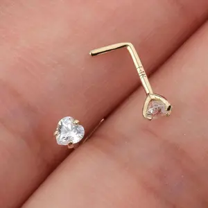 OUFER BODY JEWELRY 14 Karat Gold 20G L-Shape AAAAA+ Grade CZ Nose Piercing Ring, Heart-Shaped Nose Piercing Jewelry for Daily Wear