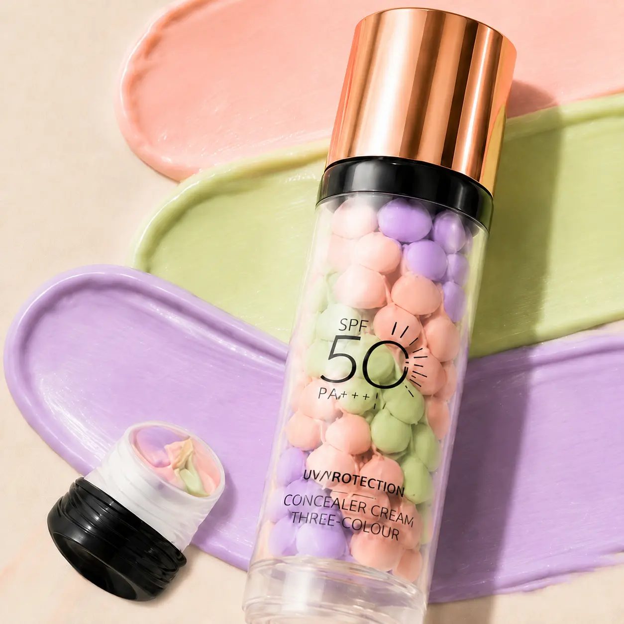 [Dealsforyou]Three-Color Color Correcting Face Primer, Lightweight Makeup Base with Peach, Green and Lavender Tones, Smooth-Finish Pump Primer, 75 g