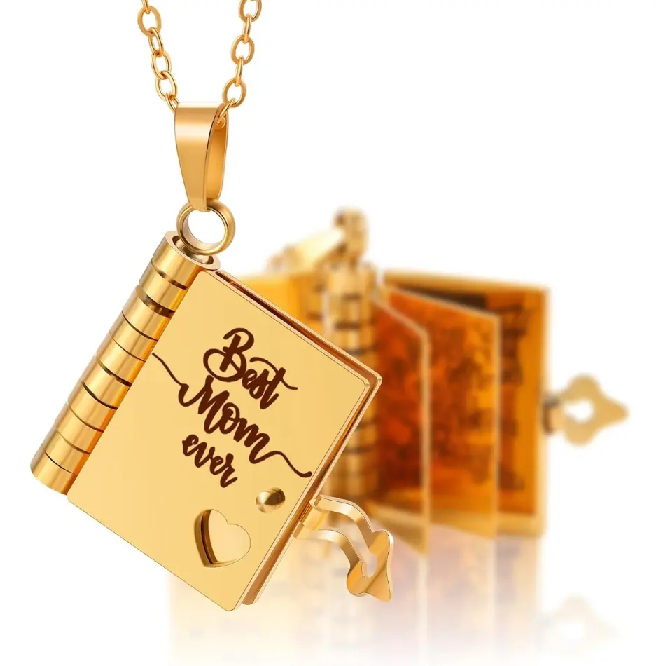 Stainless Steel Book Necklace - Personalized Heartfelt Meaningful Gifts for Mom with Long Chain, Ideal for Mother's Day, Birthday, Personalized Jewelry, Customized, Female, Book Shape, Metal Coating, Pendant, Casual, Chain Jewelry Necklaces