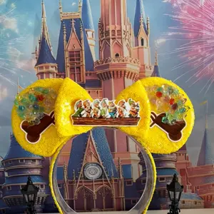 Handcrafted Sparkly Mouse Ears Yellow Sequin Bow Headband with Glow in the Dark Stones for Theme Park Days & Special Occasions
