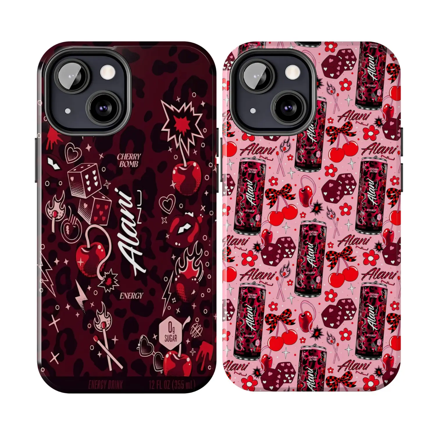 Alani Nu Cherry Bomb Phone Case, Coquette Y2k Dice Pattern Energy Drink Aesthetic iPhone 17 16 15 14 13 12 11 X 8, Valentine Couple Cover, Flavor Alani, Durable Protective Cover