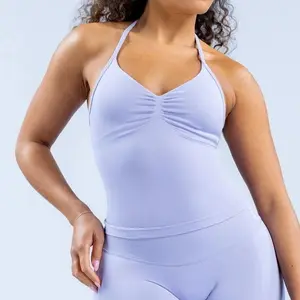 D.F Im.pact Longline Strappy Top with Logo – Seamless Backless Halter Top, Built-in Bra with Removable Pads, High Stretch Soft Fabric, Waist Contouring Fit for Strong Girls