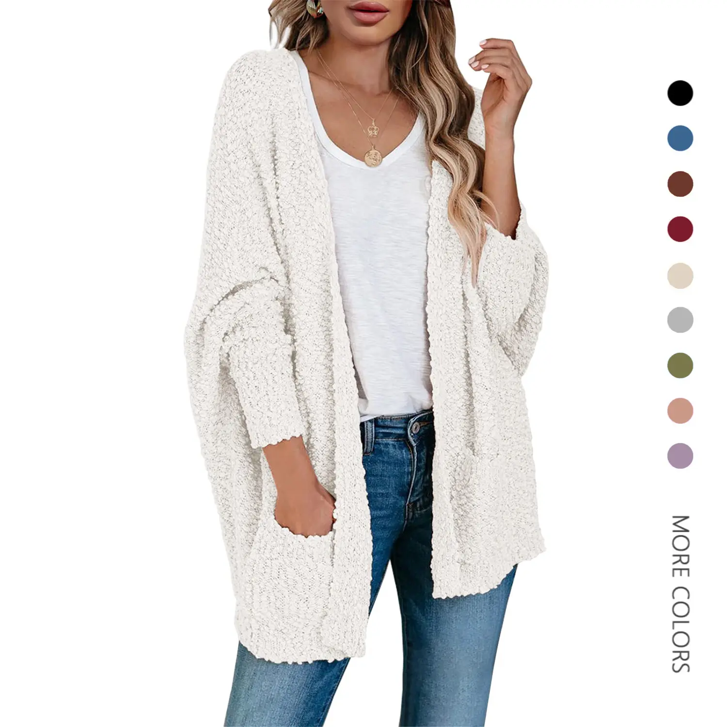 Danedvi Women's Non-Itchy Loopy Chunky Popcorn Knit Cardigan - Oversized Open-Front Boyfriend Batwing Long-Sleeve Top with 2 Pockets, Casual Basic Fuzzy Solid Knitwear Sweaters for Women's Clothes
