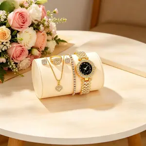Black Dial Crystal Watch & Jewelry Set | 5-Piece Gold-Tone Full Bling Stack
