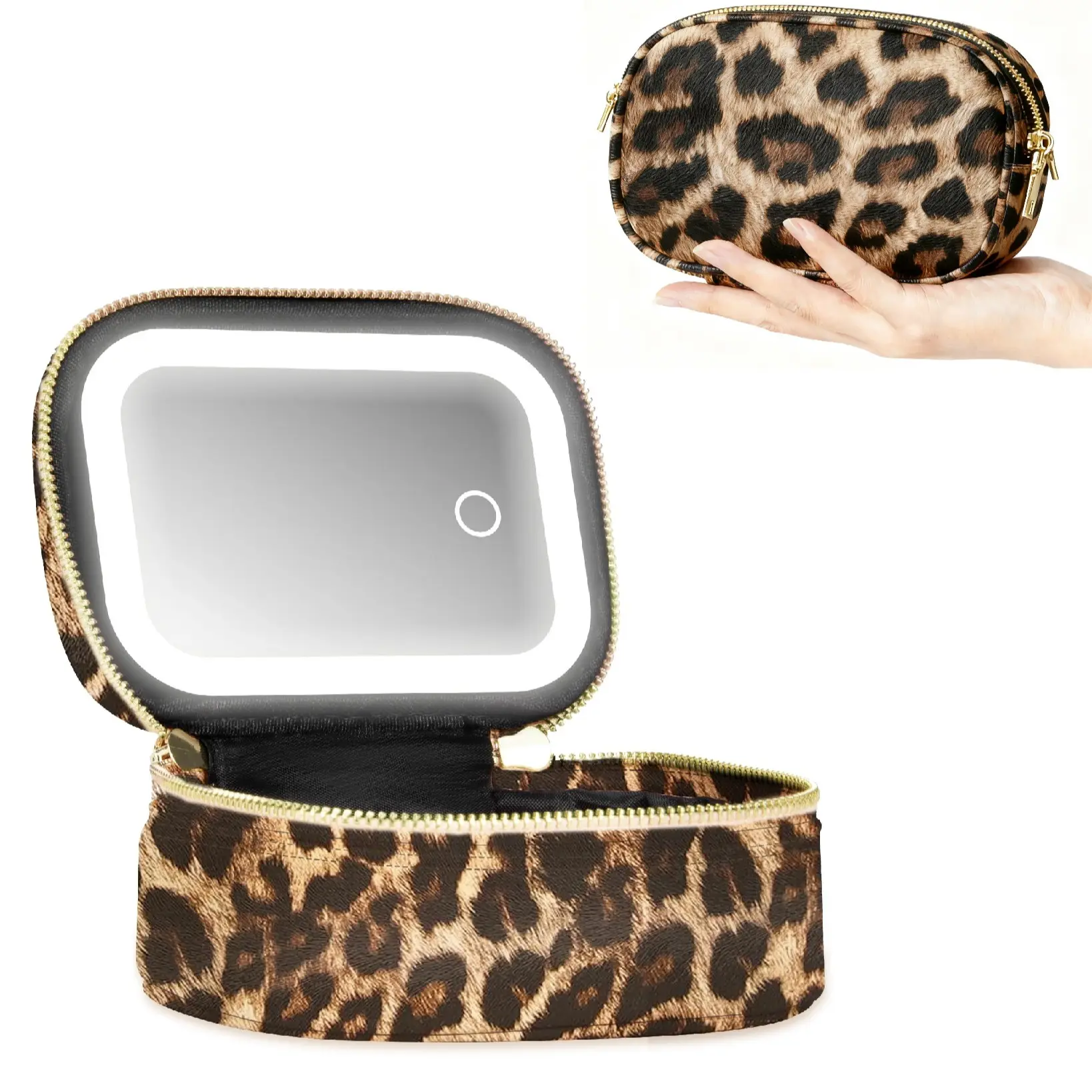 Leopard Print Mini Travel Makeup Bag with LED Light Mirror, 500 mAh Rechargeable Touch-Dimmable Beauty Storage Pouch for Travel, Makeup Organizer, Cosmetics Bag, Travel Cosmetic Bags