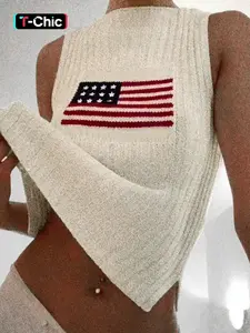 Women's Flag Graphic Print Split Hem Fitted Lightweight Sweater Vest, Casual Chic Fashion Round Neck Sleeveless Jumper Vest for Summer, Ladies Knit Clothing for Daily Wear