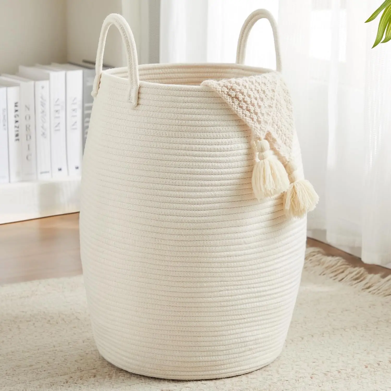 Large Woven Rope Storage Basket - Durable Linen Multi-Scene Storage Box with Sturdy Handles, Classic Style, Suitable for Laundry Room, Living Room, Yoga Mat and Clothing Storage, Bohemian Style, Rustic Decoration