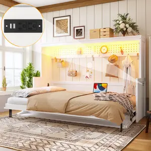 [Bellemave]Full /Queen Size Murphy Bed with a desk, USB Charging Station,LED Lights ,White