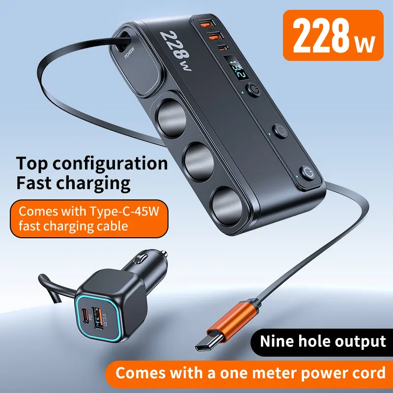 9-in-1 Heavy Duty Car Cigarette Lighter Splitter Adapter, 228W Output Power, Up to 36V, Universal for Cars/Trucks, 3 Sockets, 5 Charging Ports, Independent Power Switch, LED Voltage Display