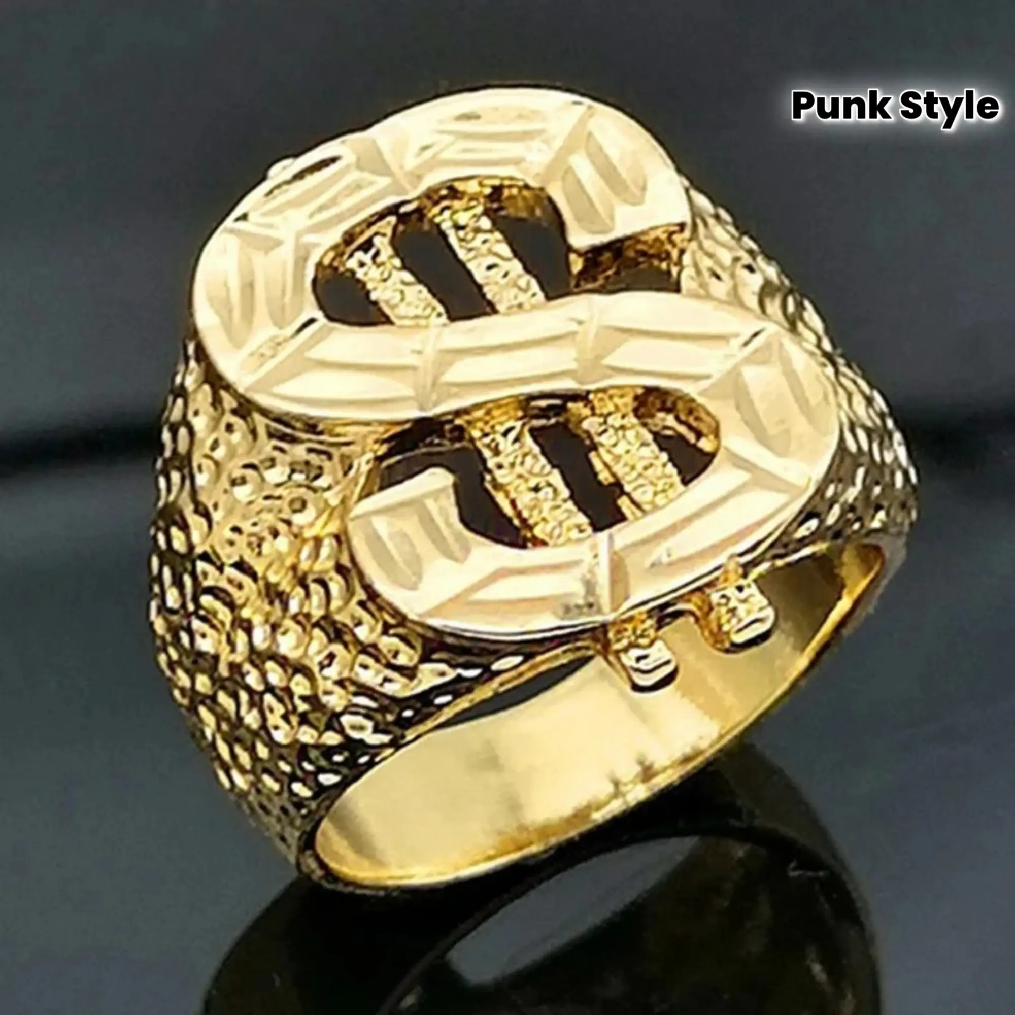 18K Gold Plated Men's Gold Dollar Sign Ring - Punk-style Zinc Alloy Engraved Wide Band Jewelry, a Bold Statement Accessory for Casual and Formal Occasions, Fine Craftsmanship, Vintage Design, Durable Fashion Jewelry