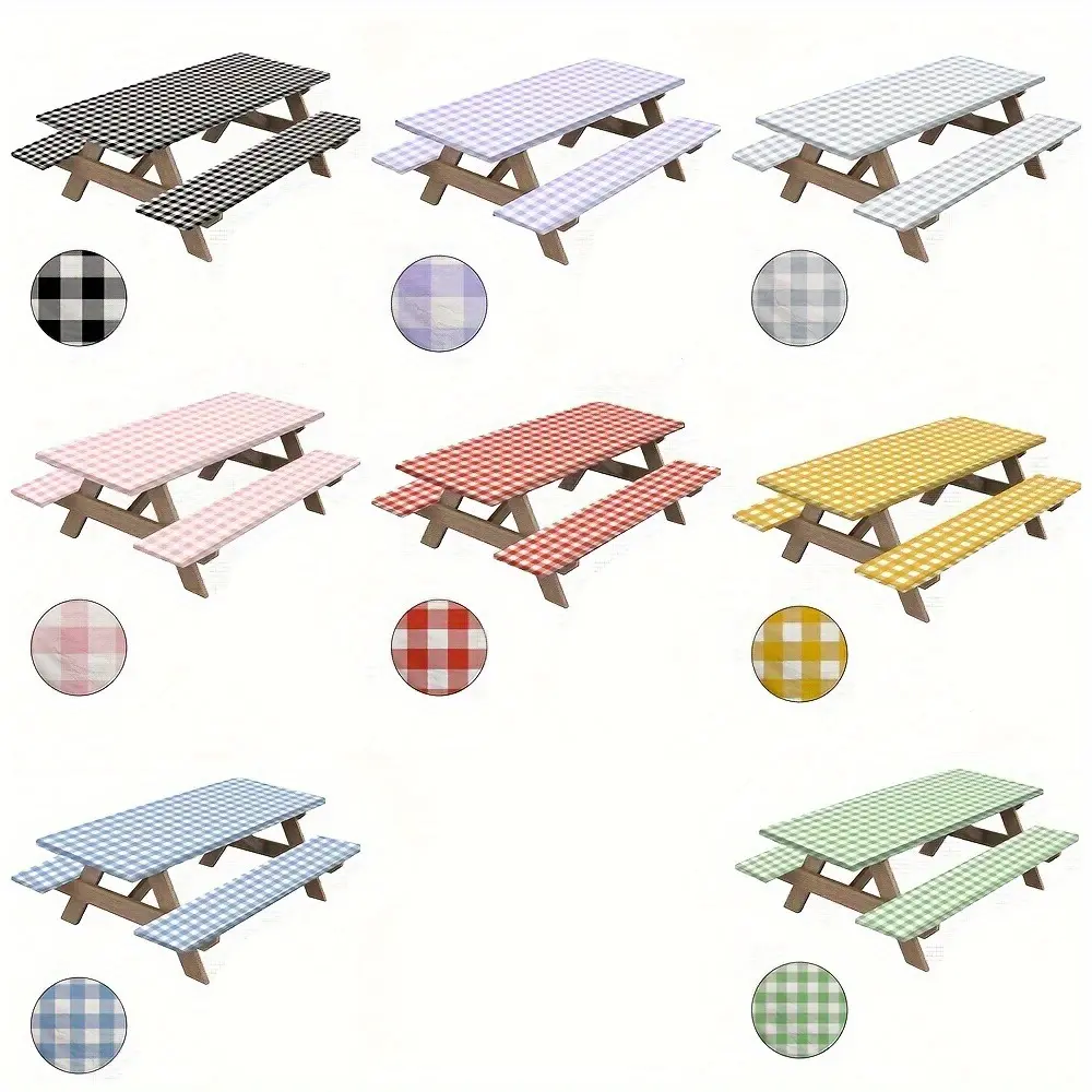 3pcs Cover Set Red and White Checkered Pattern Tablecloth and Bench Cover Suitable for Outdoor Patio Picnics Holiday Parties Black Checkered Outdoor Camping Elastic Edge Tablecloth Set