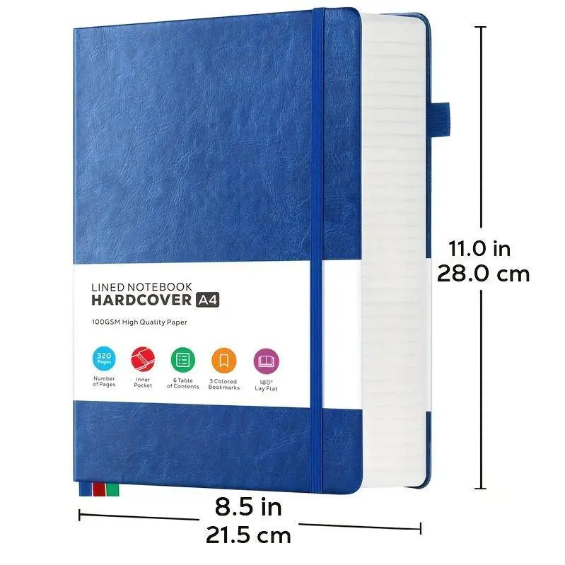 Hardcover Leather-Like A4 Notebook, 320 Pages 100GSM Thick College Ruled Paper, 8.5"X11" Writing Journal for Women, Office Stationery for Work Study
