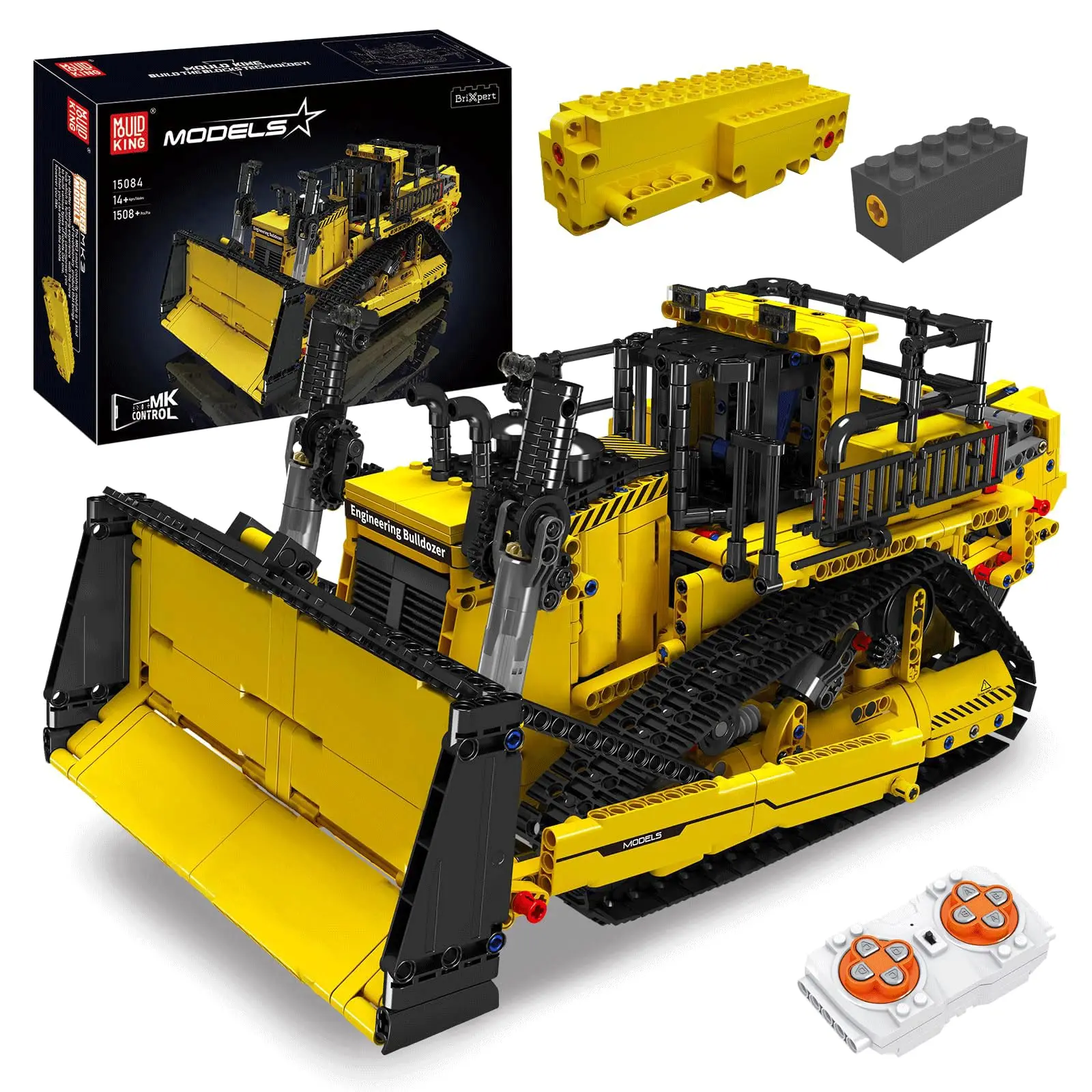 Mould King 15084 Rechargeable Realistic RC Bulldozer Building Set - 2.4G App-Controlled Engine Theme Construction Toy, DIY STEM Engineering Model for Adult & Kids (Ages 12+, 1508 Pieces, Children's Day Ideal Gift), Stem Fun