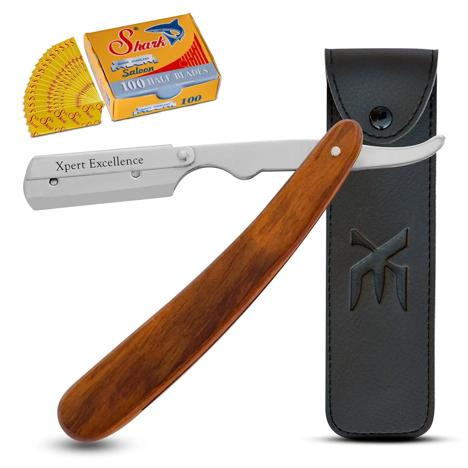 XE XPERT Excellence Straight Edge Razor Kit for Men – Professional Barber Cut Throat Razor with 100 Blades, Wooden Handle Beard & Mustache Shaving Razor, Precision Shaping Tool for Barbers & Home Use