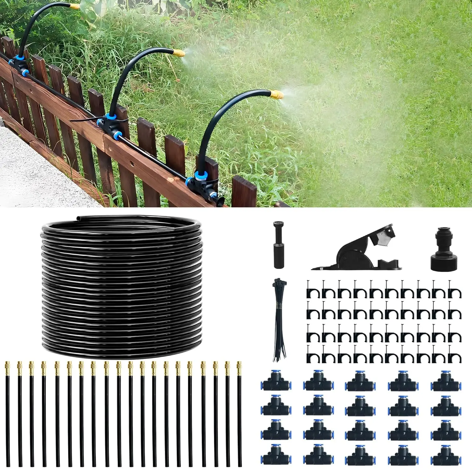 65.6Ft 360 Adjustable Drip Irrigation System Kit, Automatic Garden Watering System with 20 Copper Nozzles, Atomizing Misting Watering System with 360 Bending Dropper for  Lawn Patio