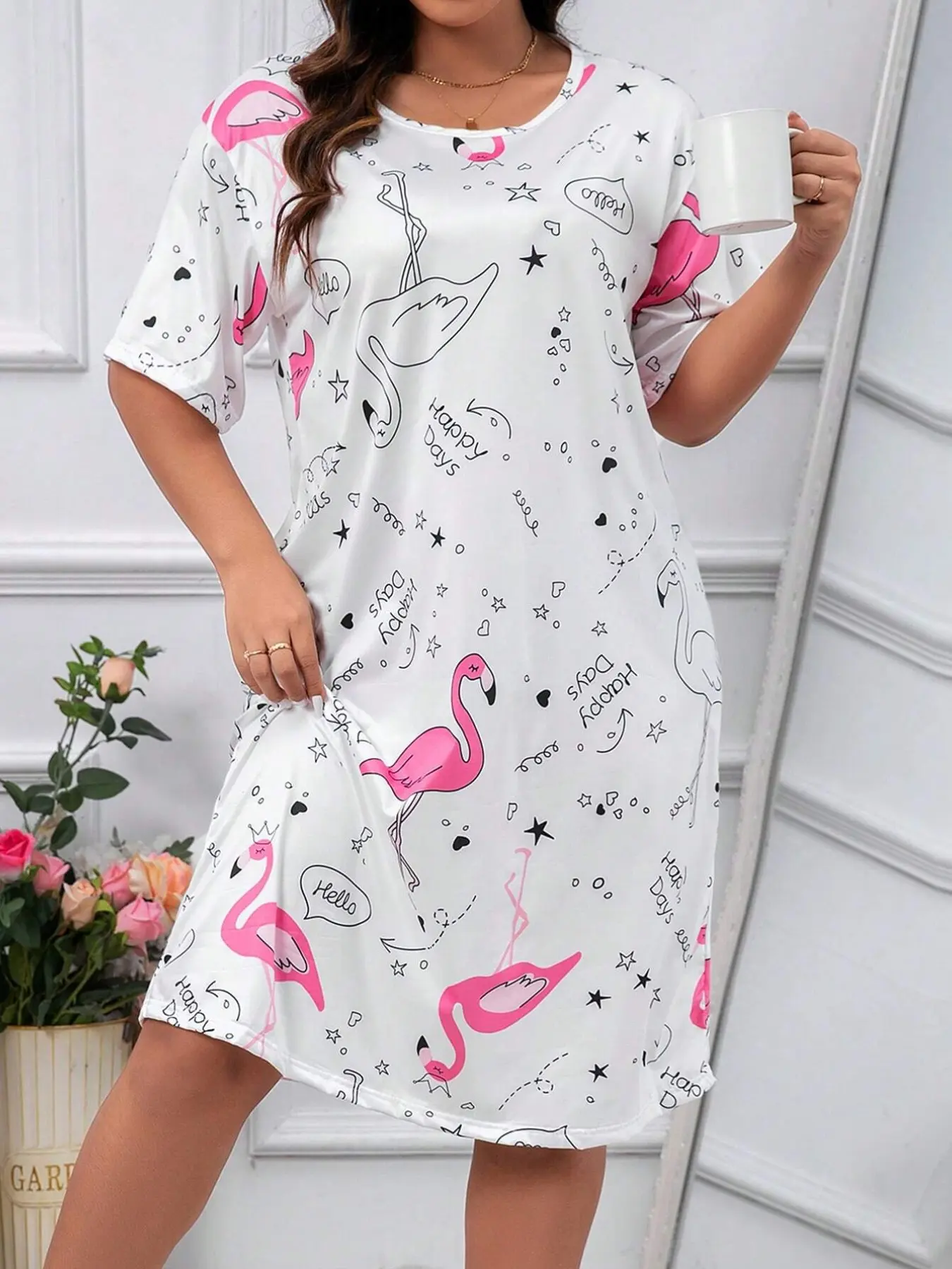 Customized Nightdress for Plus-Size Girls, Summer Cartoon Print Pajamas, Short Sleeve Soft Stretch Sleepwear, All-Night Comfort, Summer Pjs, Soft Nightgown