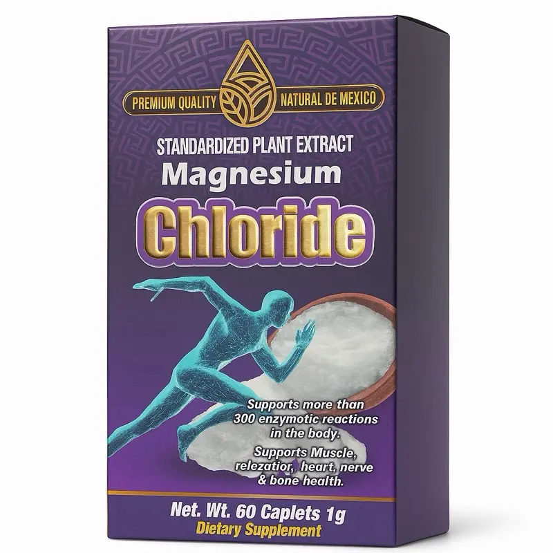 Cloruro de Magnesio – Suplemento Natural Premium | Extracto Estandarizado de Plantas | Favorece la Relajación Muscular, Salud del Corazón, Nervios y Huesos | 60 Capletas de 1 g – Calidad Premium Natural de México