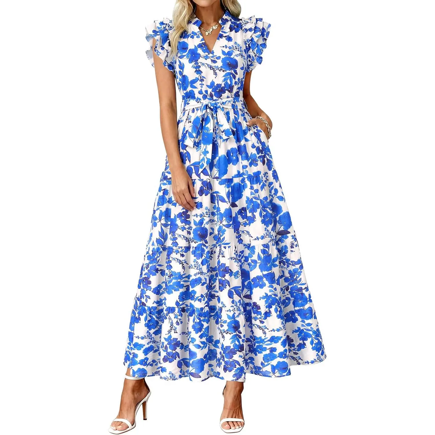 dowerme Women Summer Casual Ruffle Cap Sleeve Floral Belted Boho Maxi Dress | Fall Fashion A-line Flowy Tiered Long Dresses 2026,Cute V Neck Tie Waist Sundress with Pockets,Spring Beach Vacation Clothes