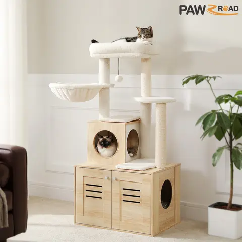 PAWZ Road 50-Inch Modern Wood Cat Tree with Wood Base, Large Hammock Top Perch, Washable Pads, Scratcher, Detachable Parts, 23.6"l x 18.9"w x 50"h Size, Lower Center of Gravity, Added Safety Strap, Mess Control for Large Cats, Rustic Brown Beige,familyfun