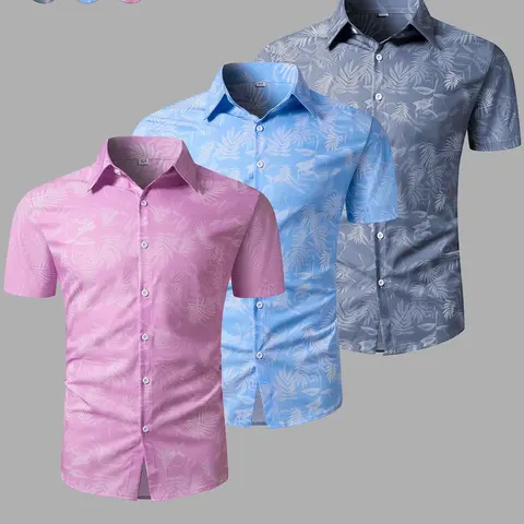 Men's Plants Print Shirt, Casual Printed, Regular Fit Casual Short Sleeve Top for Summer, Men's Clothes for Beach Vacation, Collared Tropical Menswear, Casual Button Front, Button Up Shirts, Button Down Front, Casual Fabric Clothing