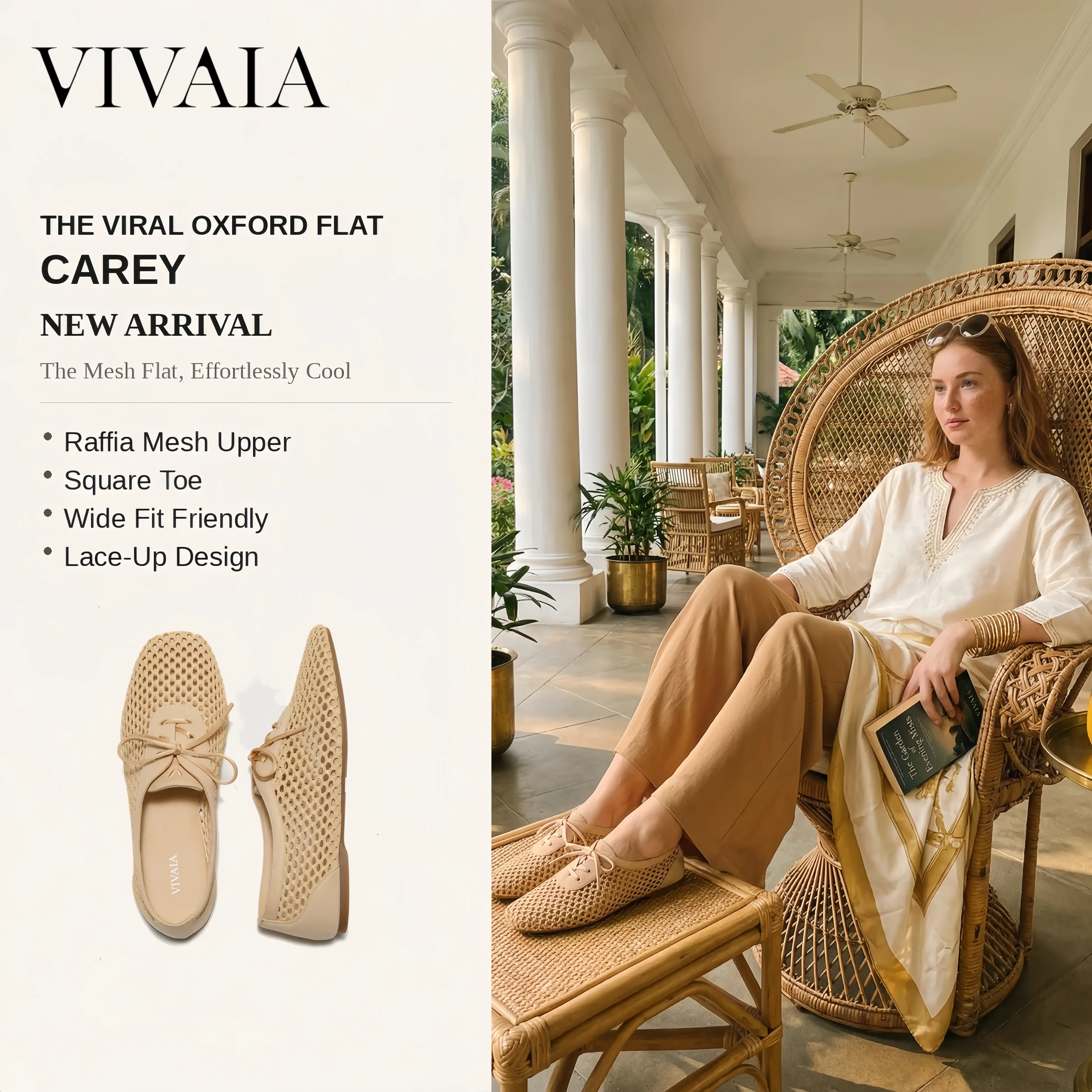 VIVAIA Carey Square Toe Mesh Fabric Ballerina-Inspired Flats - Stylish, Wide Fit Box, Tan Netted Raffia, Grippy Sole, Breathable, Lightweight, Casual Travel Vacation Footwear (Carey) summer outfits, Design tiktokshopbacktoschool