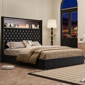Queen Size Velvet Tufted Soft Bed Frame with USB Port and Night Light,52'' High Headboard with Rivet Decoration, Wing-back Platform Bed with Headboard Shelf, Black