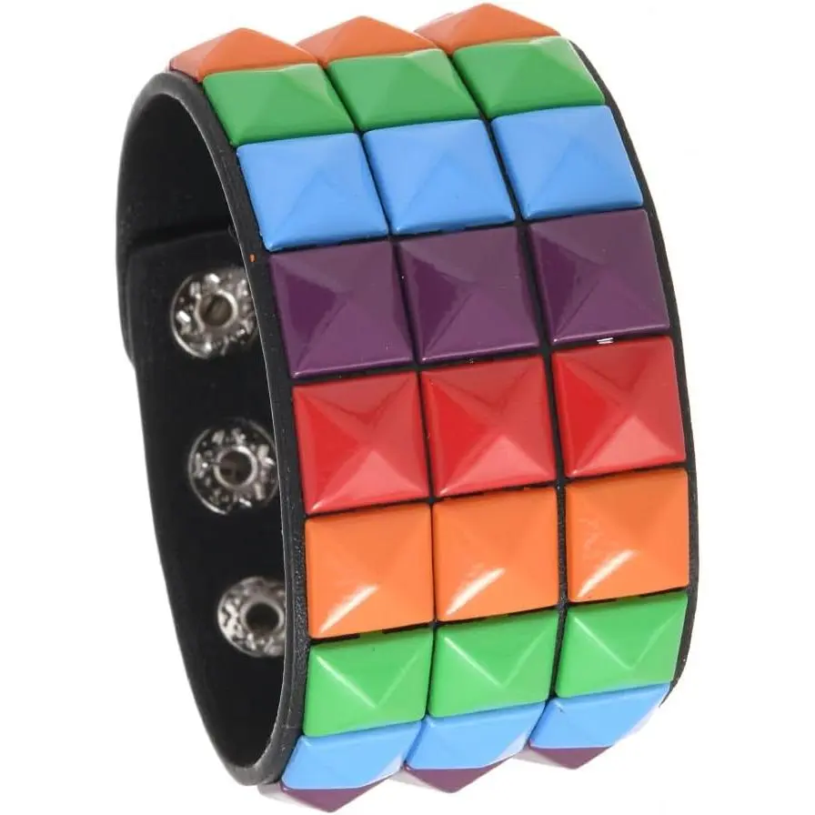 Scene Accessories Emo Bracelet, 3-Row Studded Dopamine Leather Wristband, Punk Rock Goth Spike Cuff Bracelet for Men Women, Adjustable Snap Jewelry on Party Streetwear(Blue Black)
