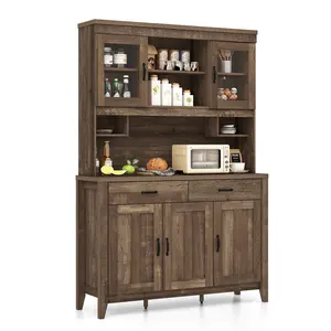 COSTWAY - Kitchen Freestanding Hutch Cabinet with Microwave Countertop-Brown