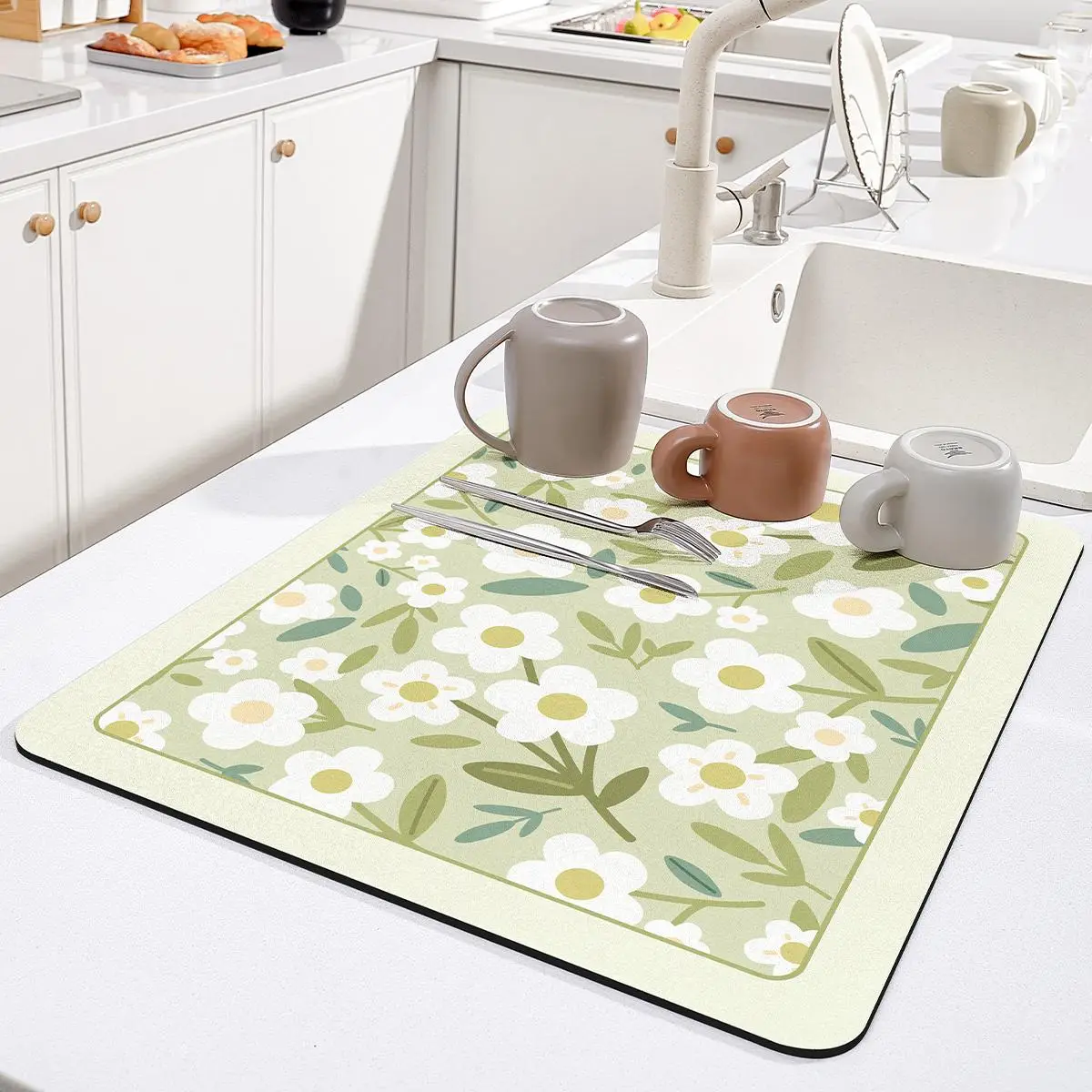 Room Decor Flower Pattern Dish Drying Mat, Kitchen Accessories Square Dish Drying Pad for Home Decor, Practical Table Mat for Kitchen & Canteen, Summe