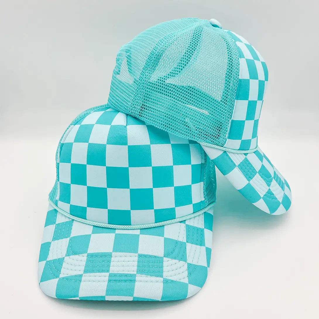 Light Blue & Aqua Checkered Foam Trucker Hat