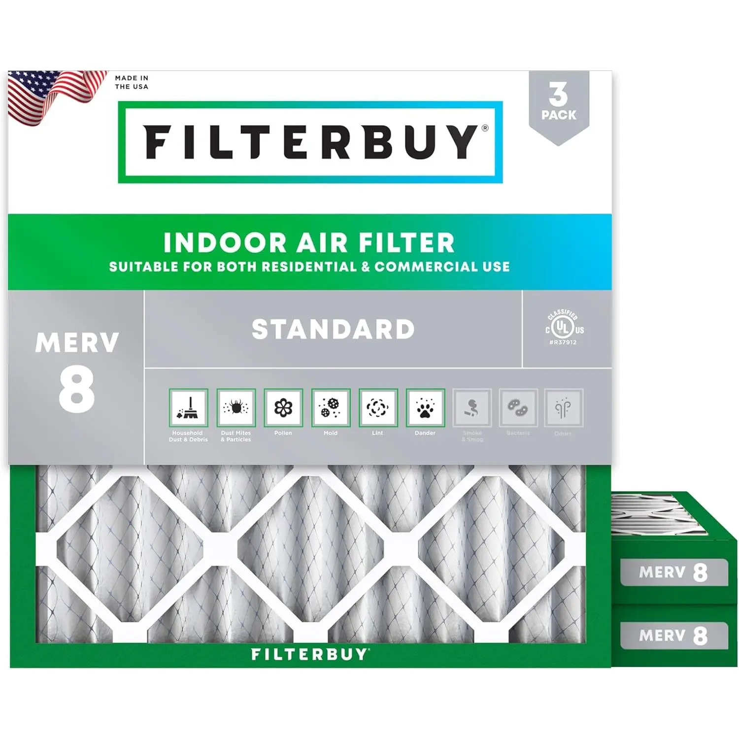 Filterbuy 22x22x2 HVAC AC Furnace Replacement Parts Air Filter (3-Pack) - Pleated MERV 8 Dust Defense, Electrostatic Synthetic Media, Eco-Friendly, Endures 200°F Max Temperatures (Actual Size:21.88x21.88x1.75 in)